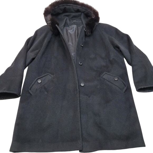 Vintage ILGWU real fox fur trim trench coat peacoat jacket wool - Picture 1 of 15